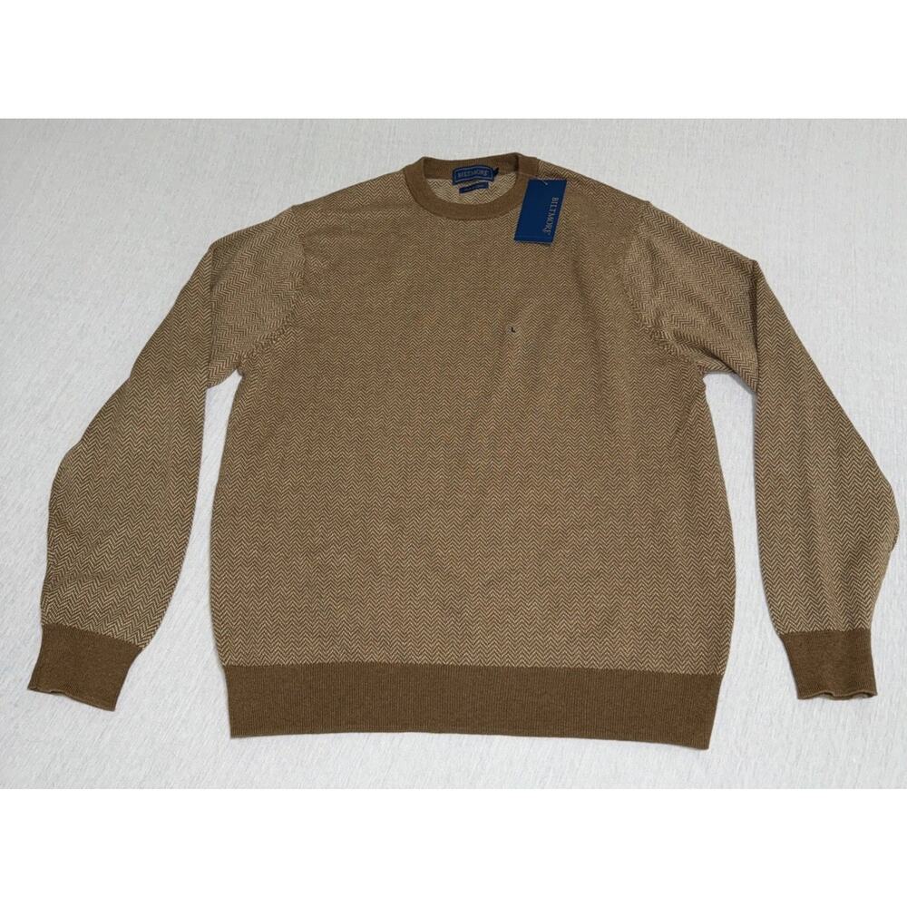 Biltmore Men LS Brown Chevron AOP Sweater Cashmere Cotton Blend Sz L Soft NWT